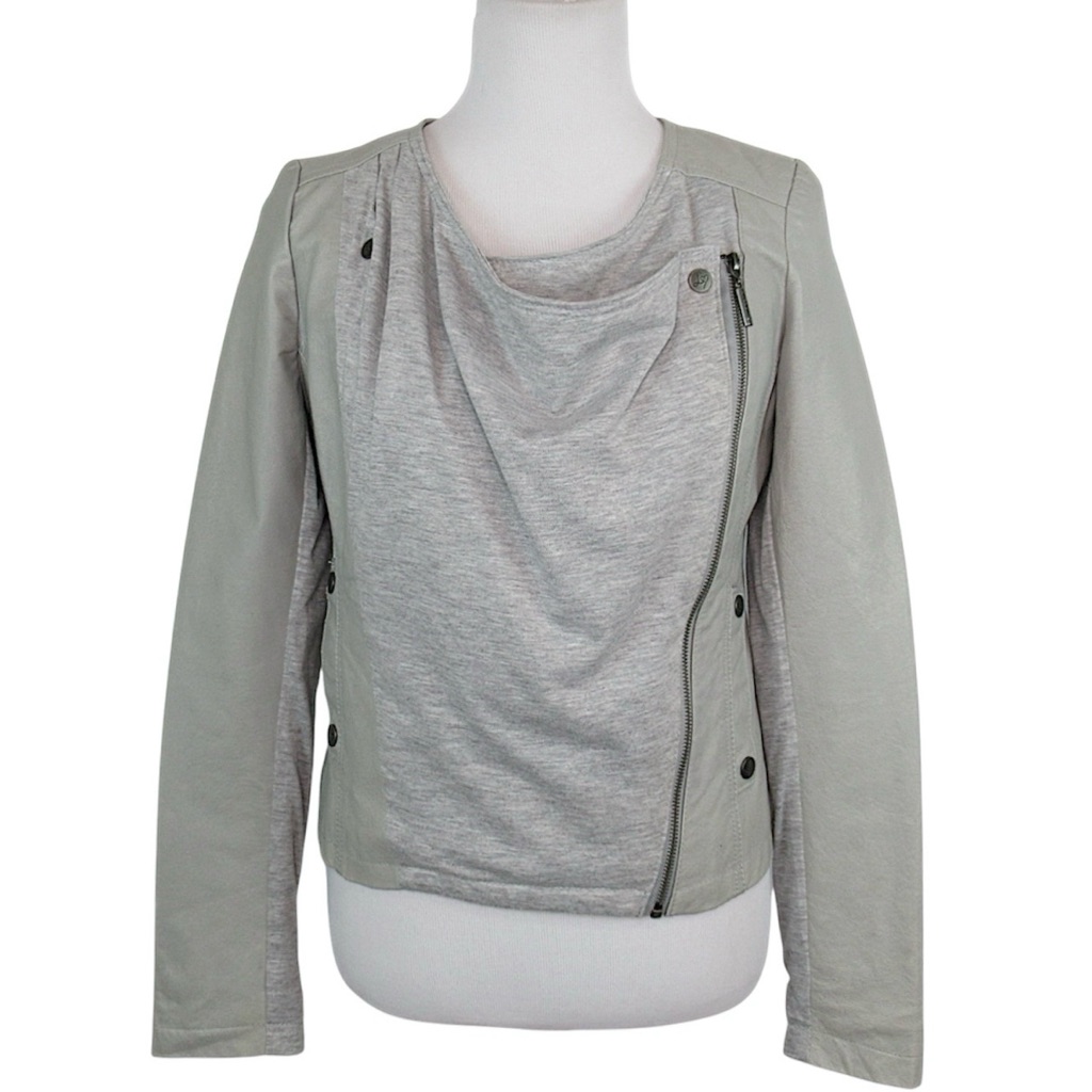 Lipsy London Grey Leather & Knit Zip Front Draped Front Moto Jacket Size 6